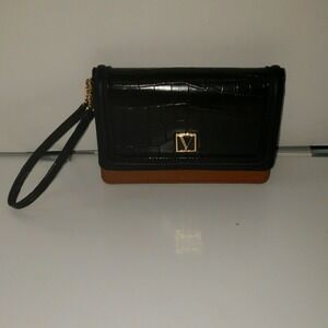 Victoria Secrect Black and Brown Croc-Embossed Clutch‎ Wallet Zipper/Card Slots